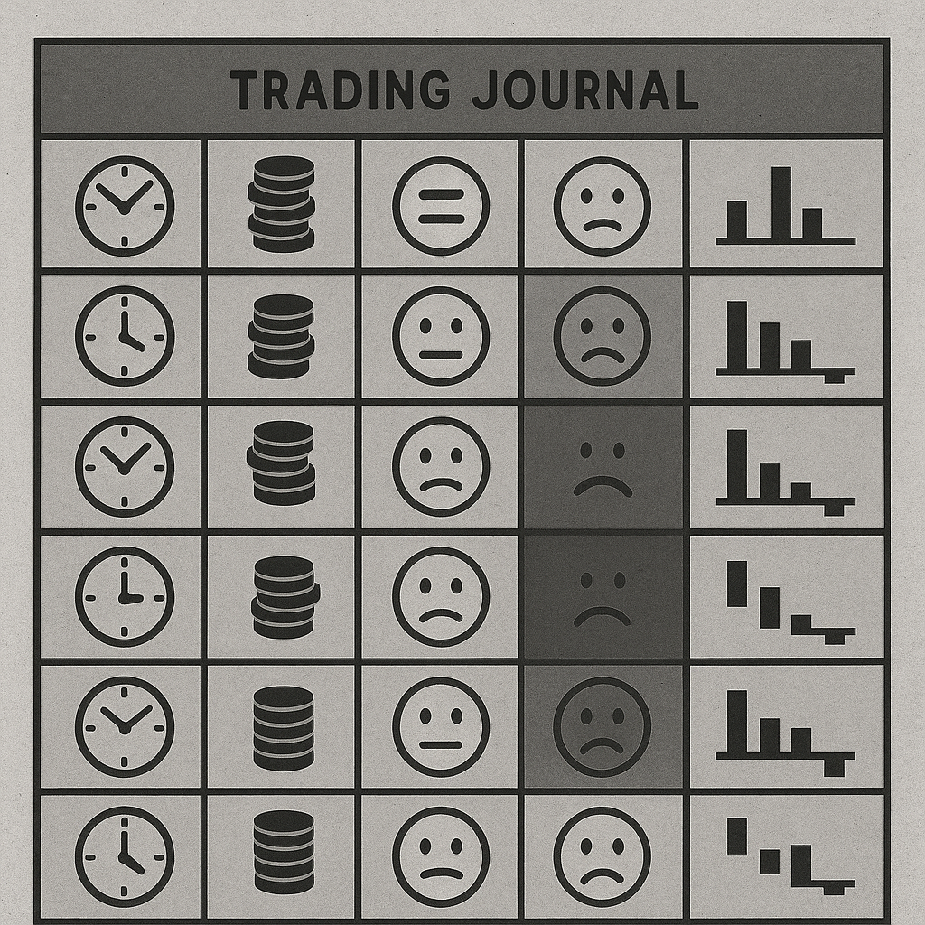 Trading journal spreadsheet showing columns for entry time, position size, emotional state, and P&L with highlighted patterns showing emotional trading leading to larger losses