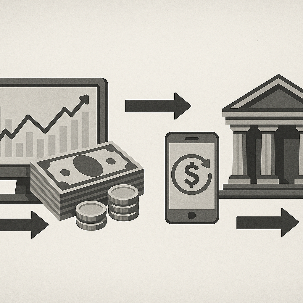Diagram showing instant payout workflow from trading platform to bank account