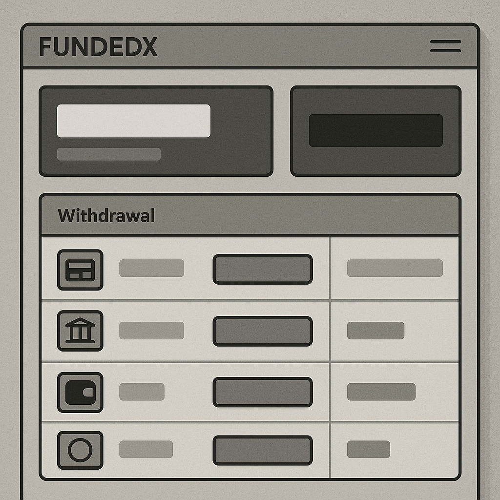 Screenshot of FundedX payout dashboard showing withdrawal options and processing times