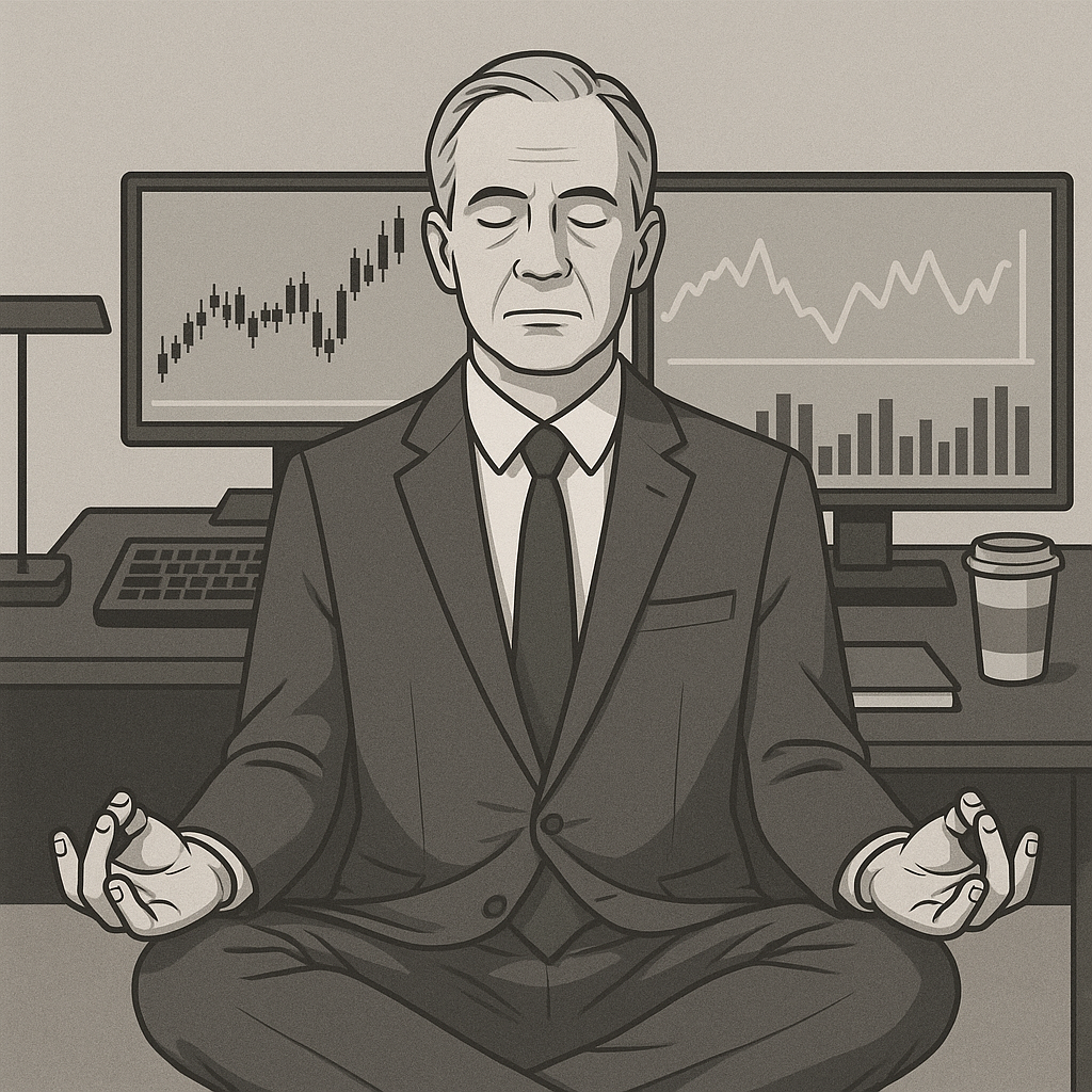 Calm trader meditating before trading session with clean, organized workspace and trading setup in background