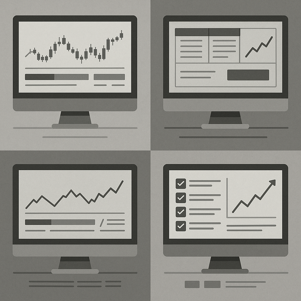 Split-screen comparison showing multiple prop firm trading platforms and their evaluation requirements