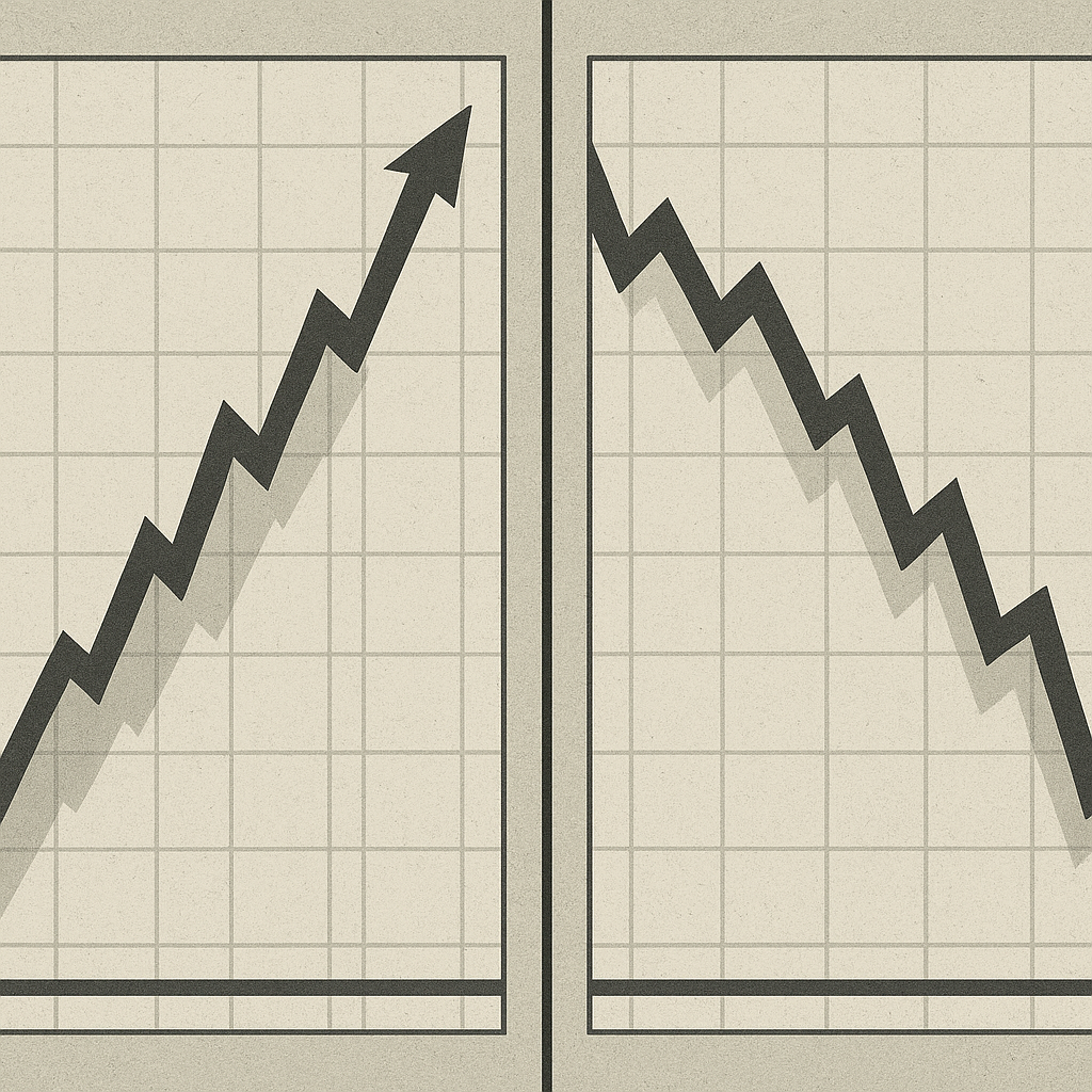 Split screen showing successful trader's account growth chart versus failed trader's drawdown pattern