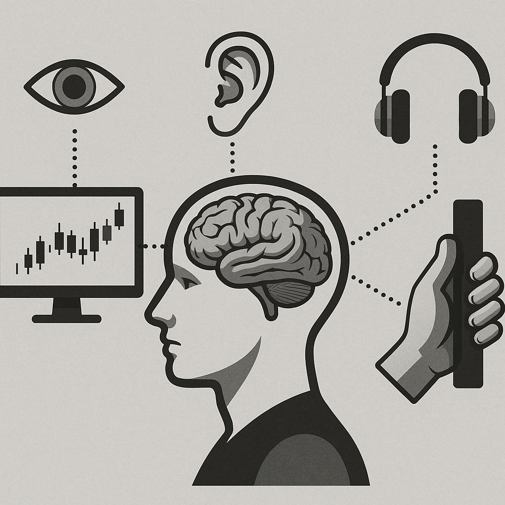 Infographic showing brain learning pathways for visual, auditory, and kinesthetic learners in trading education contexts