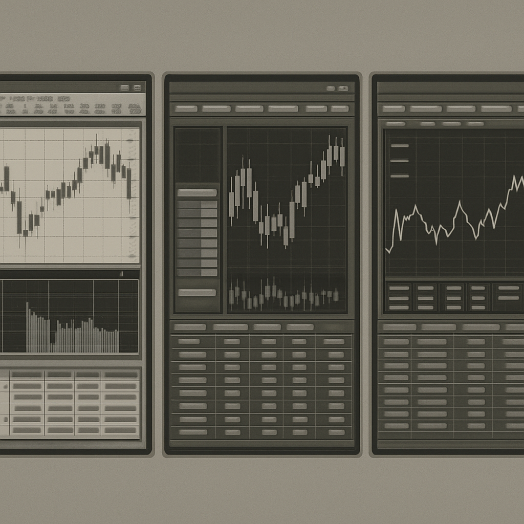 Side-by-side screenshots of professional trading platforms including MetaTrader, TradeLocker, and SeaTrader interfaces
