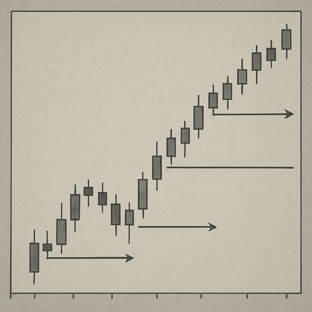 Clean trading chart showing patient entries with clear profit targets and stop losses