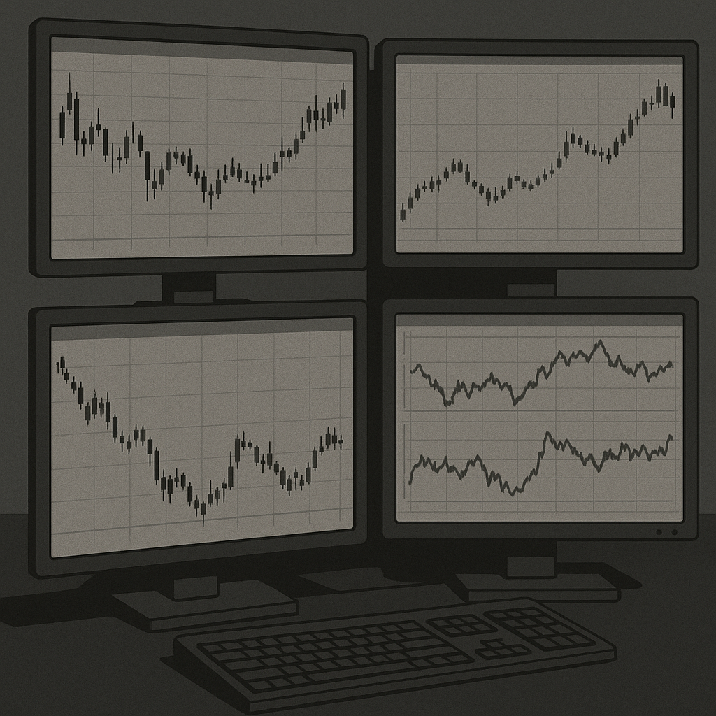 Multiple trading screens showing different timeframe analysis and correlation tracking